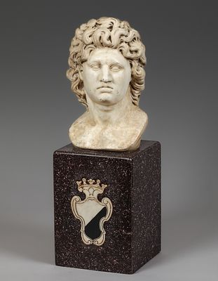 Male bust in the style of Antiquity, 18th century, on a pedestal with a royal coat of arms, Italy. 