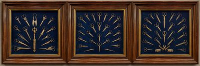 Three collections of framed antique scissors, 19th - 20th century. Metal, brass, and other 
