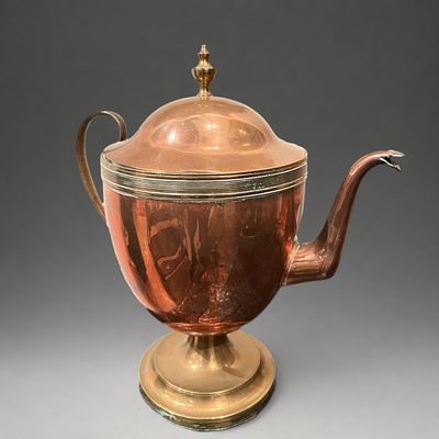 Copper-covered coffee pot or jug ​​on a stand, 19th-20th century. Copper. Measures 31 x 28 x 