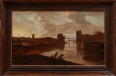 Frans de Hulst, Landscape with fishermen by the river at the entrance to a castle, Dutch School 