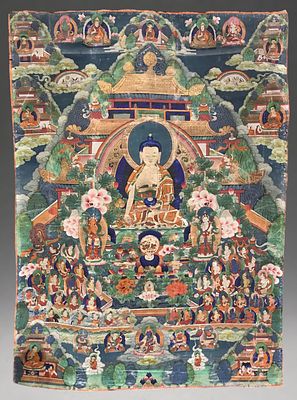 Thangka of Amitayus' Paradise, Tibetan school, 18th century. Polychrome pigments and gilt 