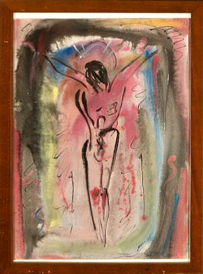 Christ crucified. Signed Serna Ramos. Spanish School. 20th century. Mixed media on paper 