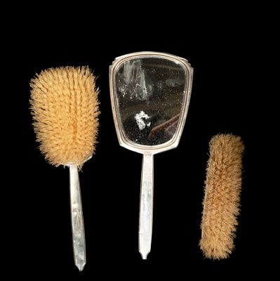 Silver and English guilloch&eacute; enamel vanity set. Sheffield marks, early 1900s. Art Deco silver 
