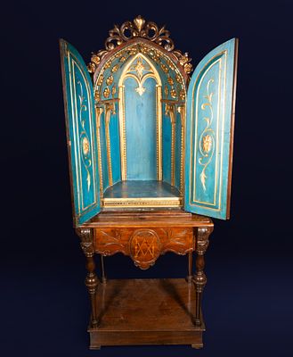 Modernist Private Oratory in mahogany - 19th Century. Devotional chapel in carved, gilded, and 