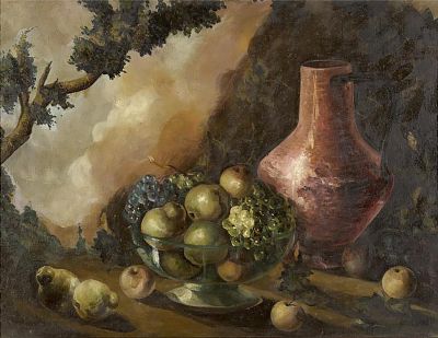 Still life with fruit and copper jug, Spanish School, 19th century. Oil on canvas. Dimensions: 