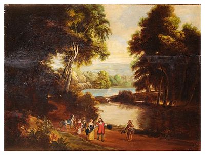 19TH CENTURY SPANISH SCHOOL - Walk along a riverbank. Oil on panel. Dimensions: 34 x 43.5 cm. 