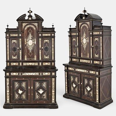 Two-section sideboard with ivory marquetry, attributed to Ferdinando Pogliani. Italian school. 