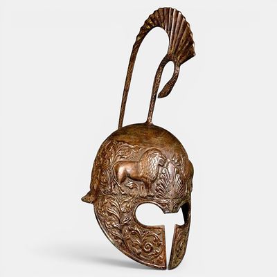 Greco-Roman helmet decorated with lions. Classical Greco-Roman inspiration. 20th century. Cast 