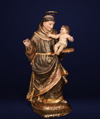Saint Anthony with the Child, Quito or Guatemala School, 18th Century. Polychrome and gilded 