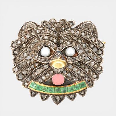 Brooch/pendant with rose cut diamonds of approx. 1.50 ct, emeralds of approx. 0.35 ct, pearl 