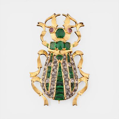 Brooch/pendant with emeralds of approx. 3 ct, rubies of approx. 0.10 ct and rose cut diamonds 