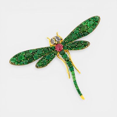 Brooch with natural emeralds of approx. 43 ct, natural sapphires of approx. 2.20 ct, tourmaline 