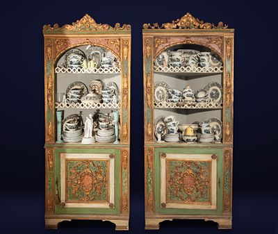 Pair of marbled and gilded polychrome corner cabinets, possibly Portuguese, 19th century. 2.60m 