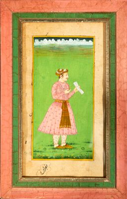Ink and watercolor drawing Mughal colonial India man with letter. 22 cm x 12 cm and 28 cm x 18 cm