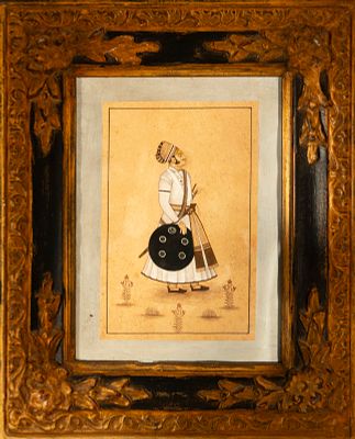Ink and watercolor drawing Mughal colonial India warrior with shield. 19 cm x 13 cm and 35 cm x 29 cm