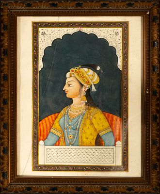 Ink and watercolor drawing Mughal colonial India character in window. 24 cm x 18 cm and 30 cm