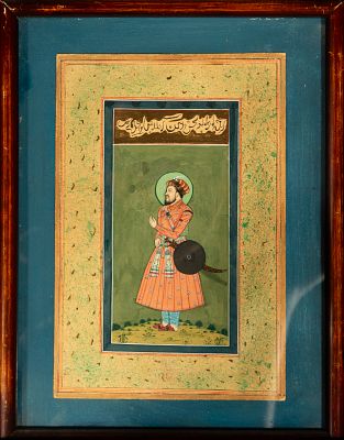 Ink and watercolor drawing of a Mughal colonial Indian warrior with sword and shield. 23 cm x 16 