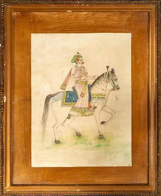Ink and watercolor drawing Mughal colonial India character on horseback. 22 cm x 17 cm and 33 cm 