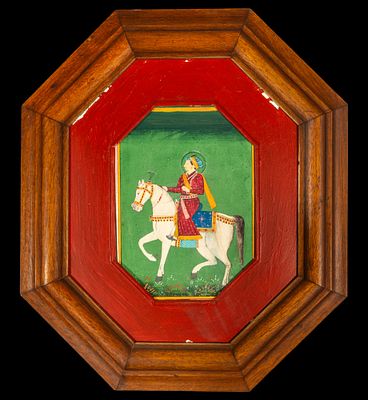 Ink and watercolor drawing Mughal colonial India octagonal character on horseback. 18 cm x 13 cm 