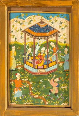 Colonial drawing India Mughal ink and watercolor of characters romantic scene. 18 cm x 12 cm and 