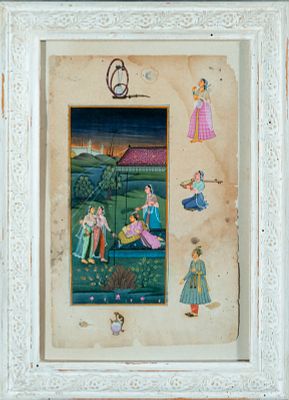 Colonial Indian Mughal ink and watercolor drawing of characters in tent in countryside. 27 cm x 