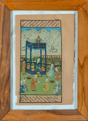 Colonial Indian Mughal ink and watercolor drawing characters in meeting. 26 cm x 17 cm and 35 cm 
