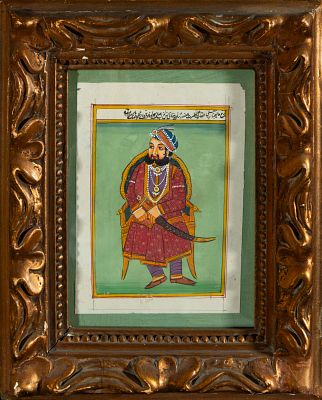 Colonial Indian Mughal ink and watercolor drawing of characters sitting on a chair. 22 cm x 14 