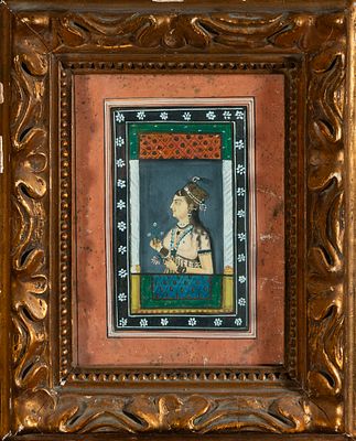 Colonial Indian Mughal ink and watercolor drawing of woman at window. 20 cm x 12 cm and 35 cm x 28 cm