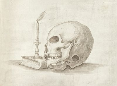 Vanitas with skull, book and candle, European school, 19th-20th century. Pencil drawing on 