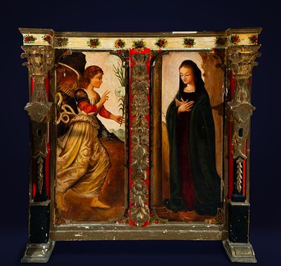 Chest of drawers with an Annunciation scene, Spain, 18th century. A 17th-18th century wooden 