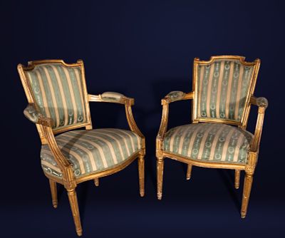 Pair of Louis XVI original armchairs - Late 18th C. Carved and gilded wood with upholstery. 