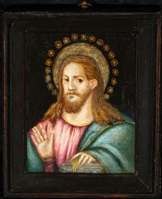 Salvator Mundi. Colonial School. 18th Century. Oil on panel. Measures 35 &times; 28 cm. Christ 