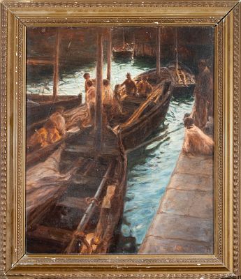Fishermen's scene. Spanish school. 19th century. Oil on panel. Dimensions: 50 x 41 cm and 60 x 
