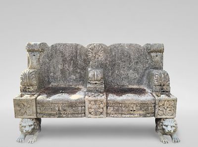Important marble bench with decoration of tritons and supporting lions, Italy, 19th century. Carv 