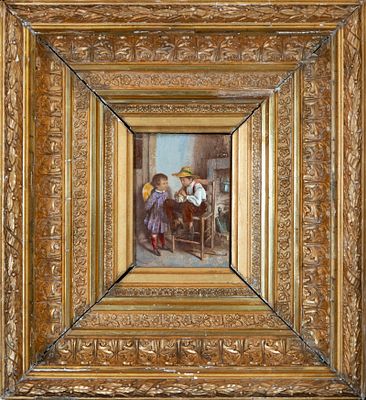 Children by the hearth. European folk school. 19th century. Oil on panel. Dimensions 17 x 13 cm. 