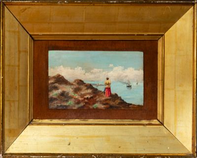 Seascape with female figure against the coast, Spanish school, 19th century. Oil on panel. 