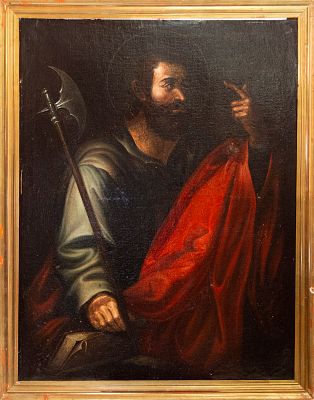 Saint Jude Thaddeus, Bolognese School, 17th Century. Oil on canvas. Measurements 108 x 83 / 119 