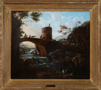 River landscape with bridge and tower, Italian School, 18th century. Oil on canvas. Dimensions 