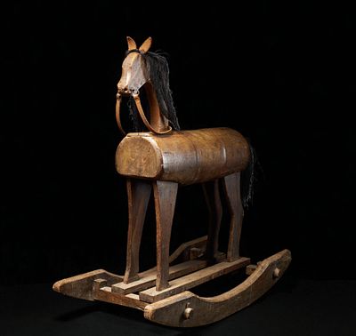 Wooden rocking horse for children with natural mane, first half of the 20th century. Carved wood 