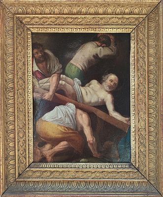 17TH CENTURY ITALIAN SCHOOL, CIRCLE OF CARAVAGGIO - Crucifixion of Saint Peter. Oil on copper. 