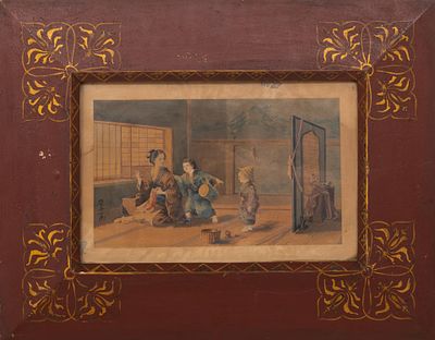 19TH CENTURY JAPANESE SCHOOL - Family Scene. Mixed media on rice paper. Dimensions: 22 x 38.5 