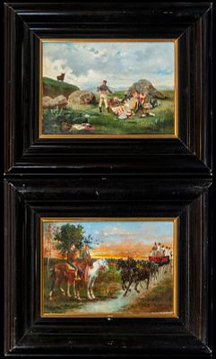 Pair of signed 19th-century scenes on canvas. Measurements: 31cm x 21cm; 50cm x 40cm.