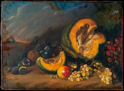 Still life of fruit with pumpkin. Signed, European School. 19th century. Oil on canvas. 