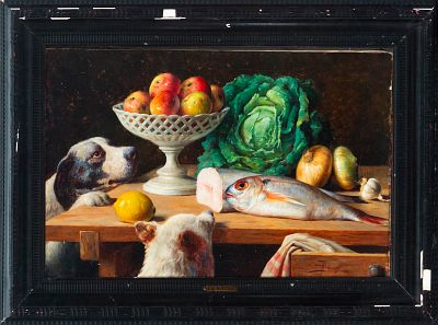 Still life with dogs and food. Signed. European school. 19th century. Oil on canvas. 