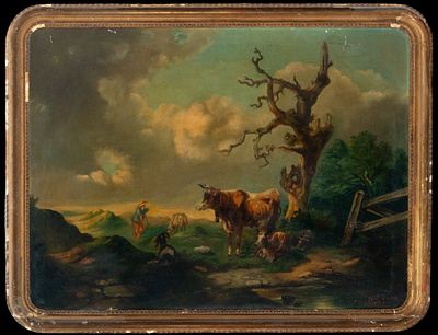 Pastoral landscape with livestock and shepherds. Central European school. 19th century. Oil on 