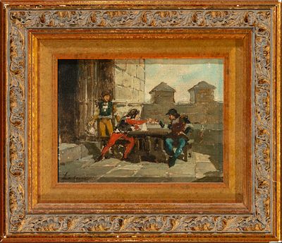 Fight in the patio of a Tavern, European style of the 19th century, signed. Oil on canvas, 19 x 