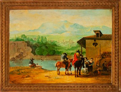 Oil on canvas, The Stop, Italian master around 1800, Naples. Measurements: 62 cm x 47 cm and 72 cm