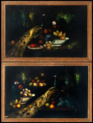 Pair of still lifes with peacocks and fruit. Flemish Baroque school. 17th century. Oil on 
