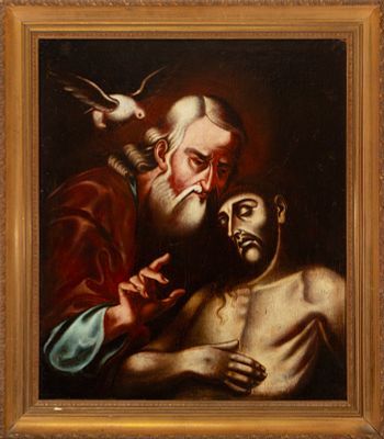 Oil painting of Jesus Christ, Eternal Father and Holy Spirit, Colonial School of the 18th century. 