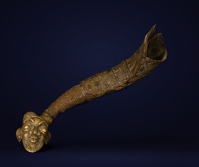 Ceremonial shepherd's trumpet, Benin culture, 19th century. Carved and engraved horn with metal 